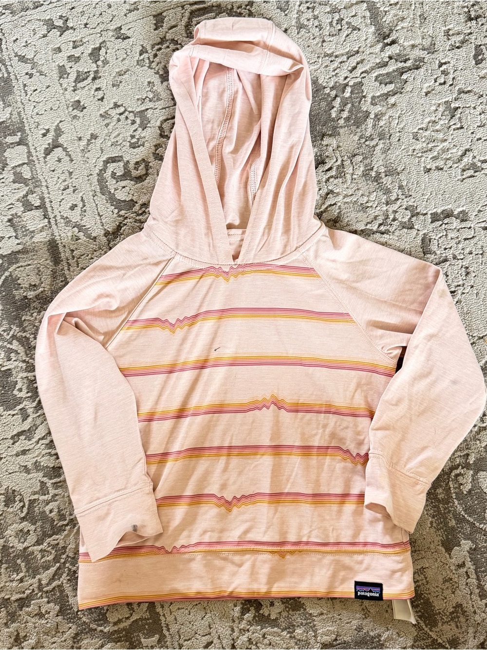 Patagonia Kids Pink Hooded Swim Rashguard with Yellow & Orange Stripes
